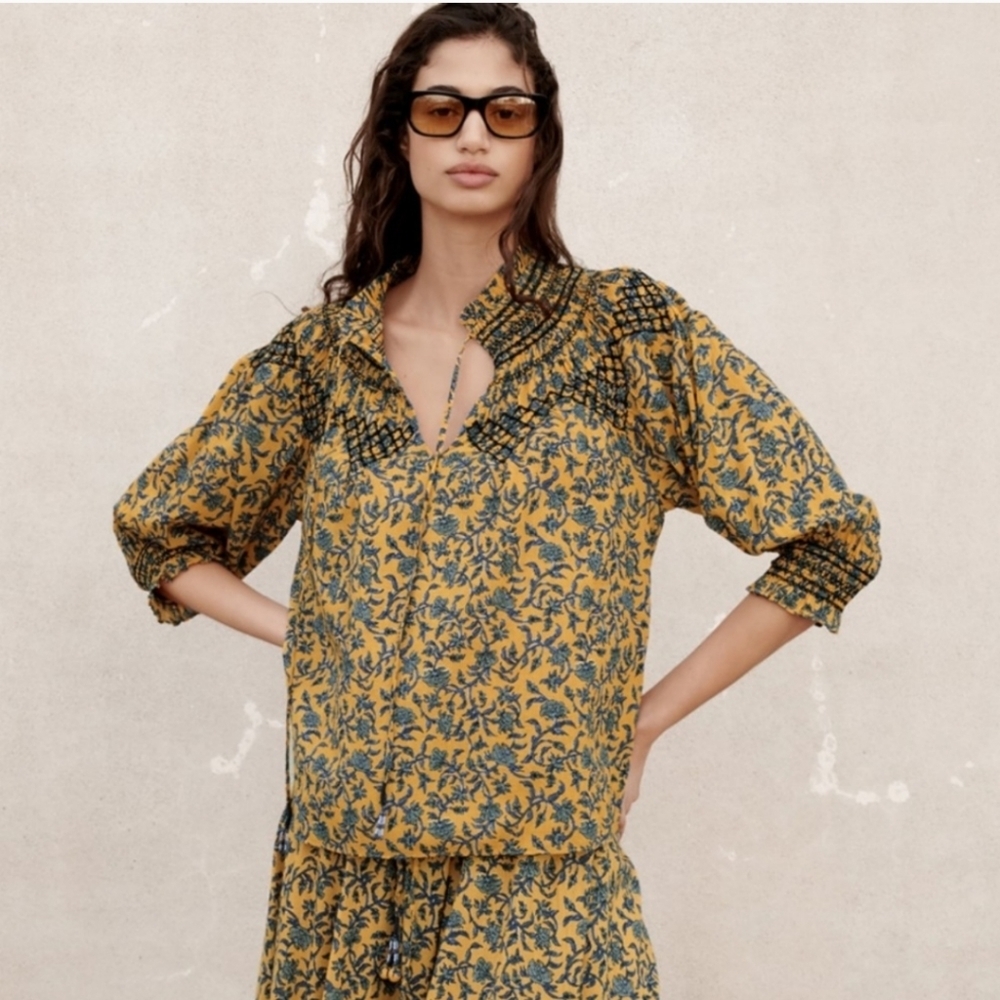 Zara Floral peasant top with beaded tie neck Medium